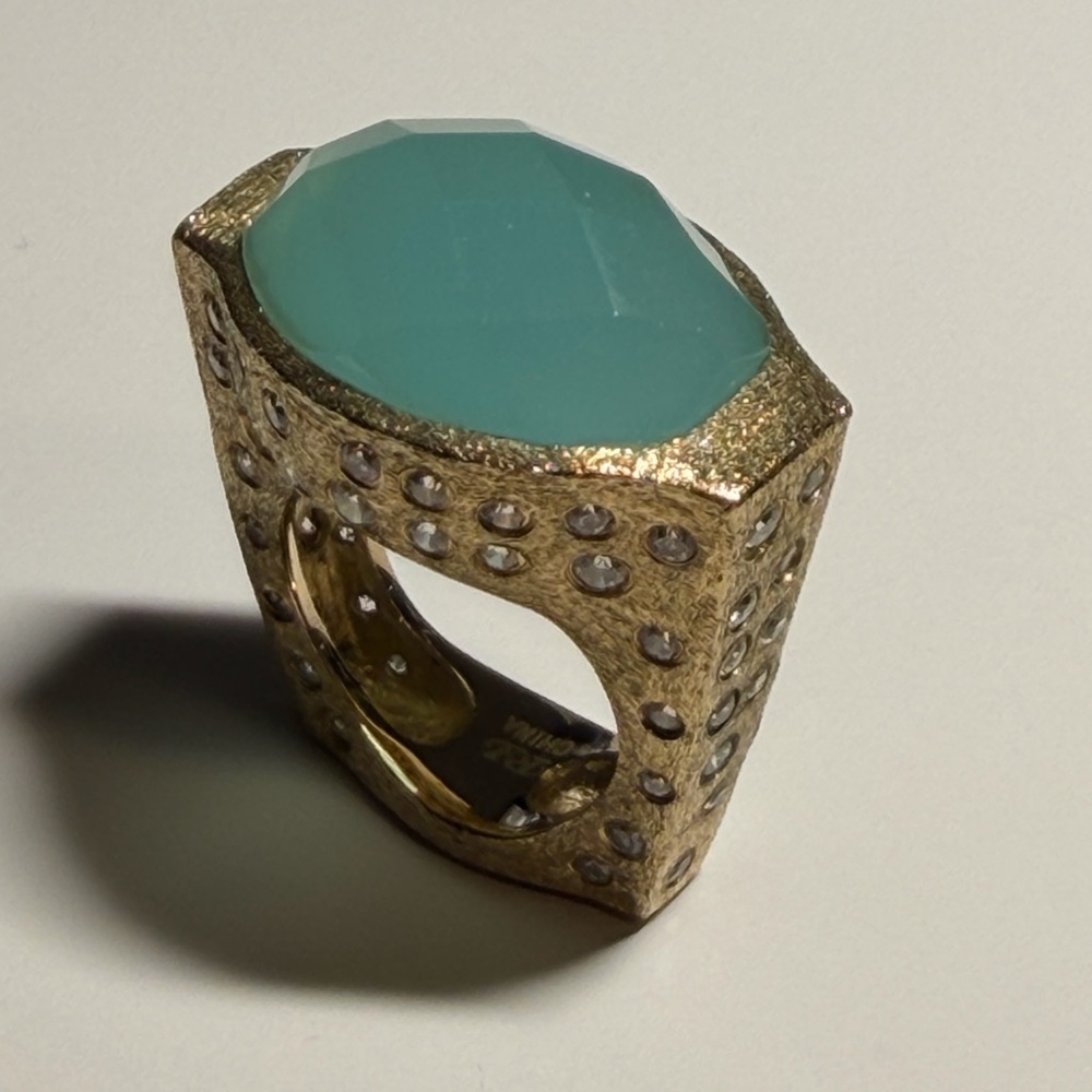 Rivka Friedman Gold Color Ring with Aqua Amazonite Stone and Crystal Accents